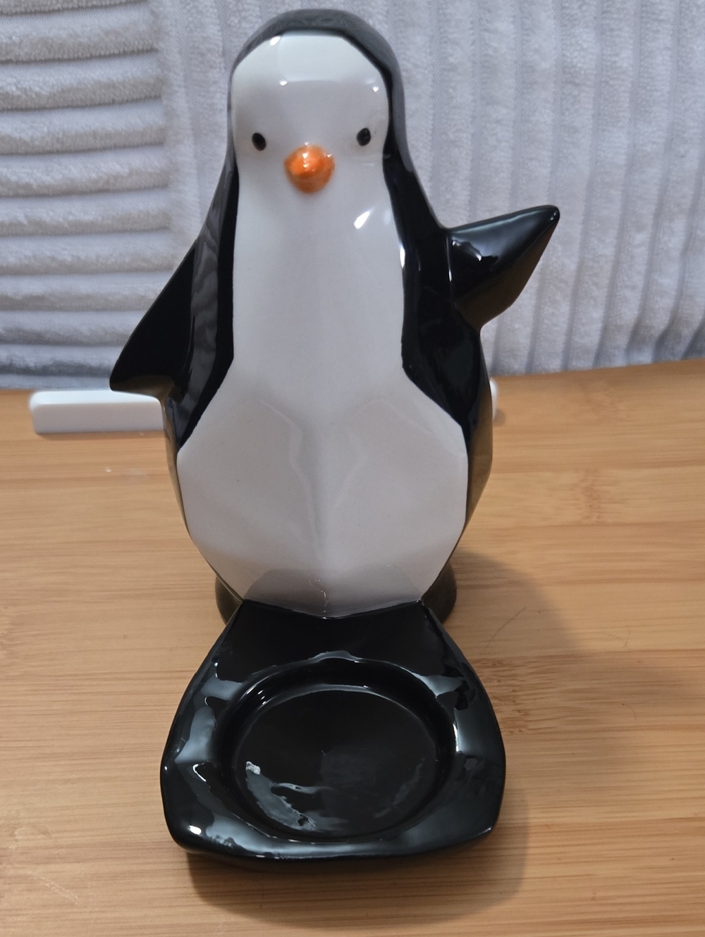 PartyLite Black & White Ceramic Penguin Candle Holder with Orange Beak